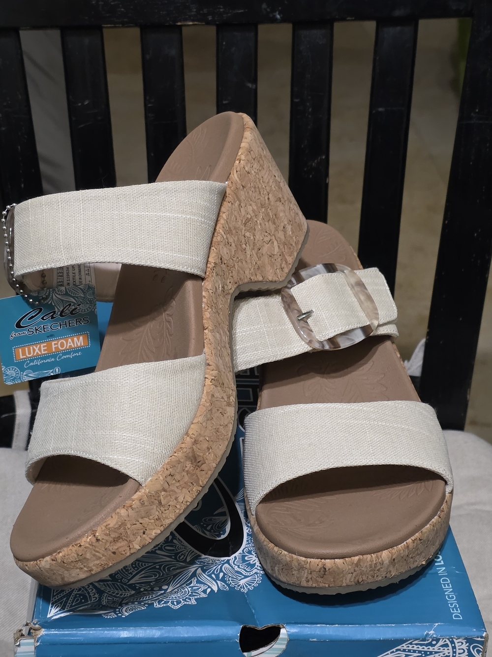 Skechers Women's Natural Linen Double-Band Cork Platform Sandalsne New Size 9.5 - Picture 2 of 8